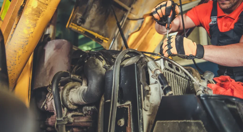 Monteurshände an einem Baumaschinenmotor in der Werkstatt